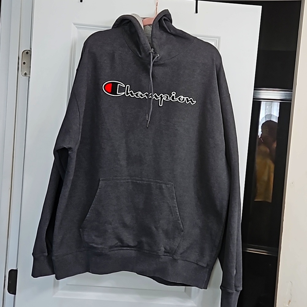 CHAMPION MEN GRAY SCRIPT LOGO HOODIE